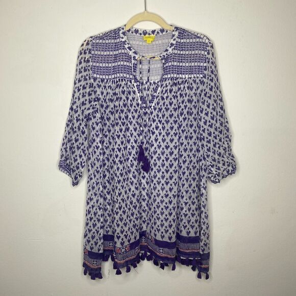 Roberta Roller Rabbit White Purple Sheer Serafina Pom Pom Tunic Top Tie Tassels - Picture 3 of 12